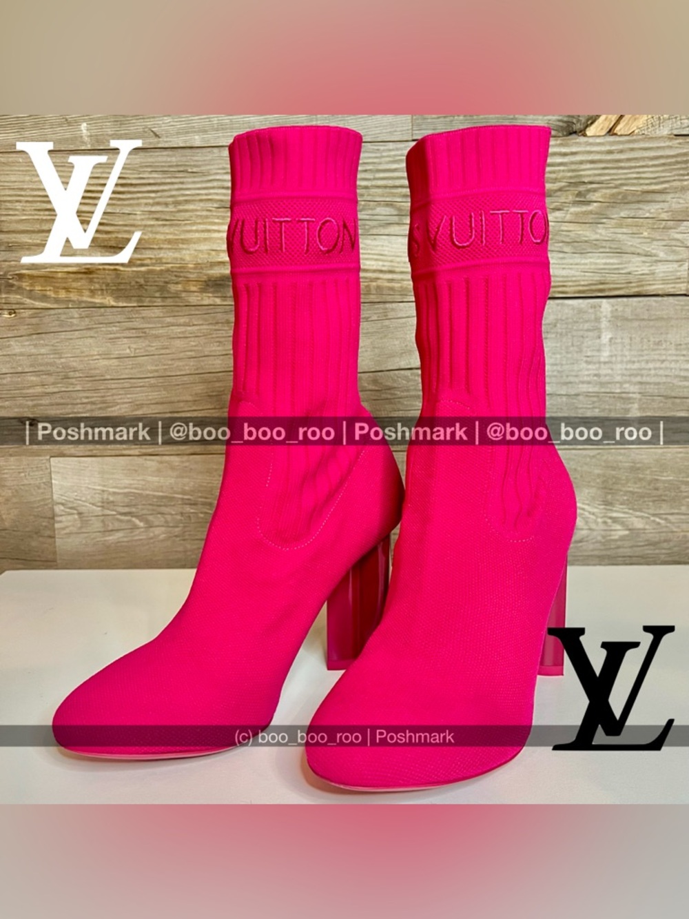 Louis Vuitton Pink Knit Boots w/Sculpted Heels (in LV’s iconic monogram flower)